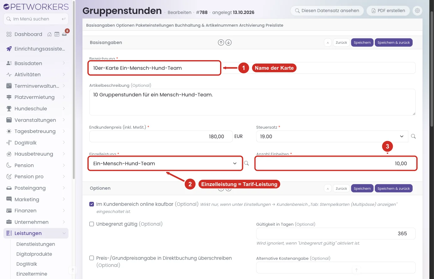 PetWorkers Wave: Stempelkarte mit Bezeichnung, Einzelleistung Ein-Mensch-Hund-Team und Anzahl Einheiten 10