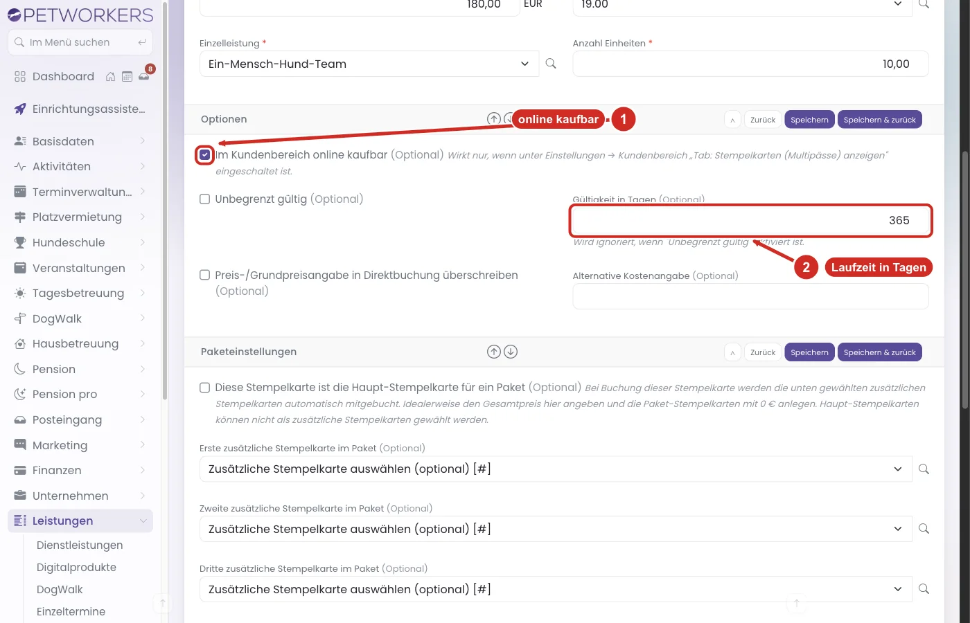 PetWorkers Wave: Optionen der Stempelkarte mit Im Kundenbereich online kaufbar und Gültigkeit in Tagen 365