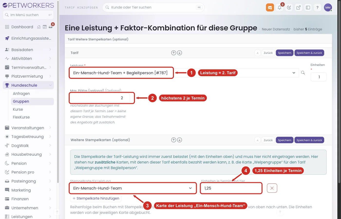 PetWorkers Wave: zweiter Tarif mit Begleitperson, Max. Plätze 2 und weiterer Stempelkarte zu 1,25 Einheiten