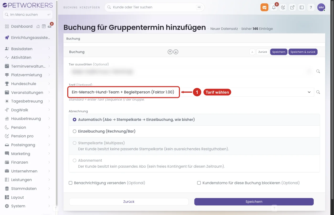 PetWorkers Wave: Buchung für Gruppentermin hinzufügen mit Auswahl Tarif