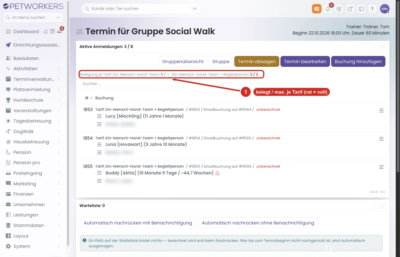 PetWorkers Wave: Termin der Gruppe Social Walk mit Belegung je Tarif und Tarif je Buchung