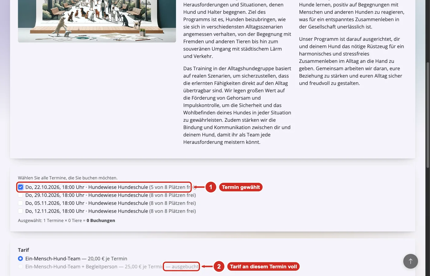 PetWorkers Wave Buchungsseite: Termin am 22.10. gewählt, Tarif mit Begleitperson ausgebucht und gesperrt