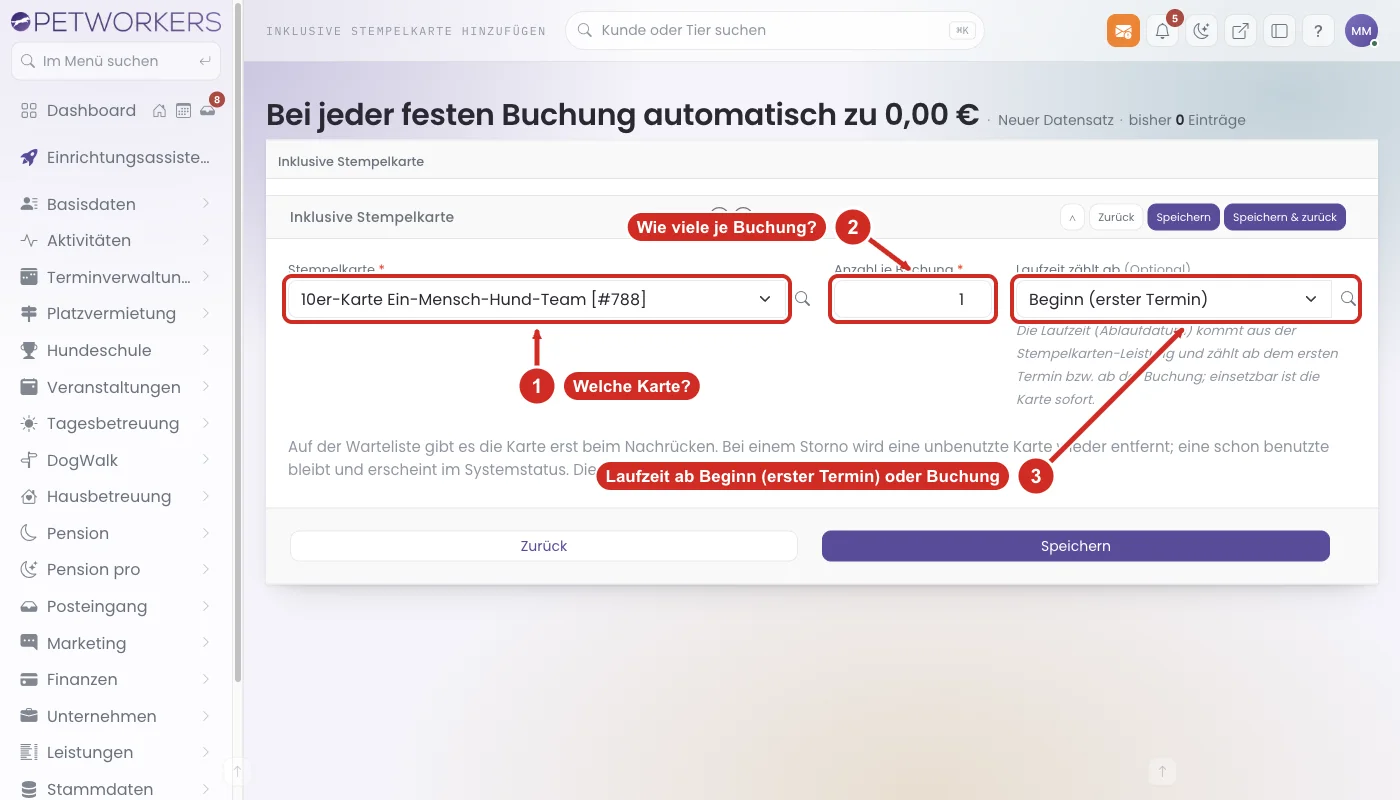 PetWorkers Wave: Formular Inklusive Stempelkarte mit Stempelkarte, Anzahl je Buchung und Laufzeit zählt ab
