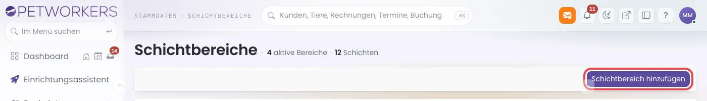 Seite Schichtbereiche mit dem Knopf Schichtbereich hinzufügen