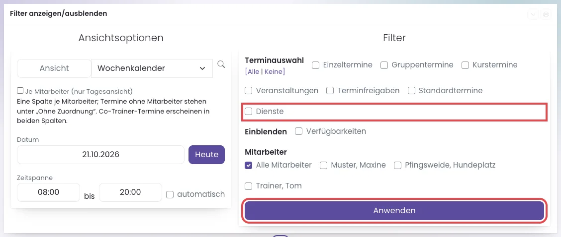 Geöffneter Filter des Terminplaners mit dem Haken Dienste und dem Knopf Anwenden