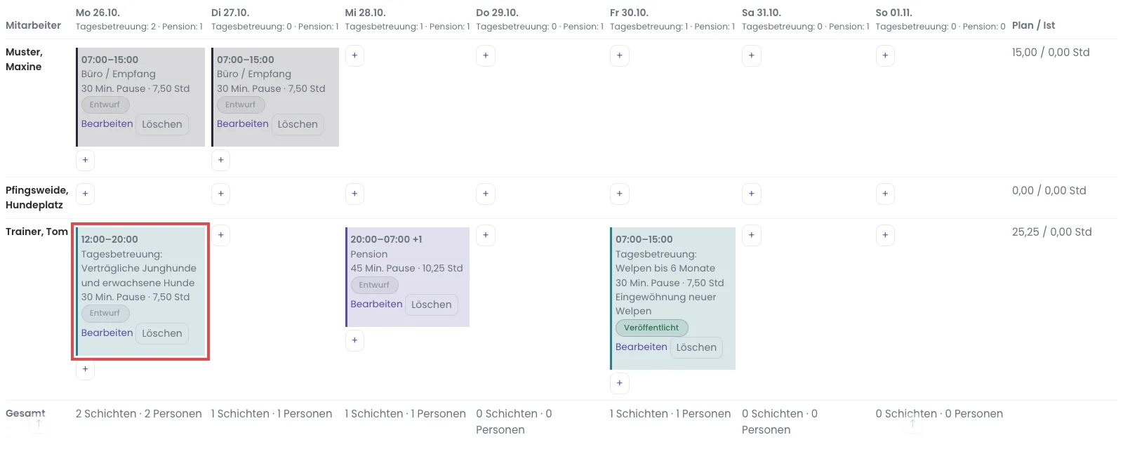 Wochenraster mit Schichtkarten im Status Entwurf und einer veröffentlichten Schicht