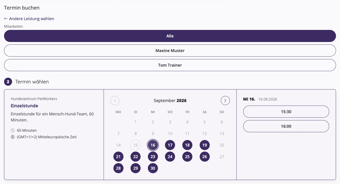 Buchungsseite Schritt 2: Kalender und freie Uhrzeiten