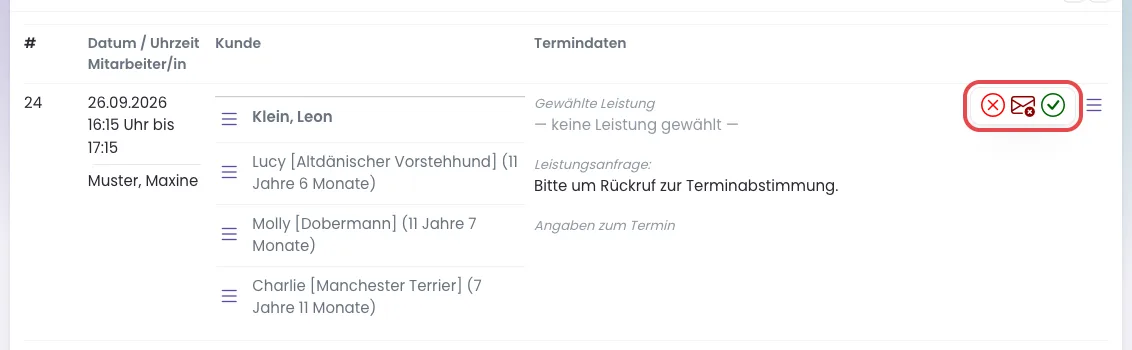 Terminanfrage mit geöffneten Aktionen Ablehnen, Ablehnen und Nachricht, Einbuchen