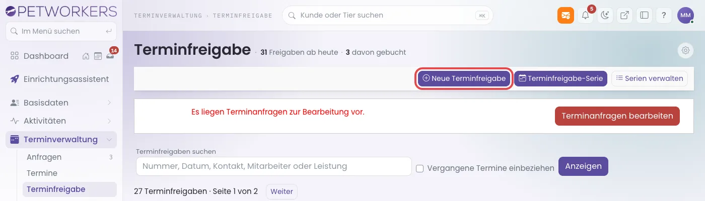 Kopf der Seite Terminfreigabe mit den Knöpfen, dem Hinweis auf Terminanfragen und der Suche