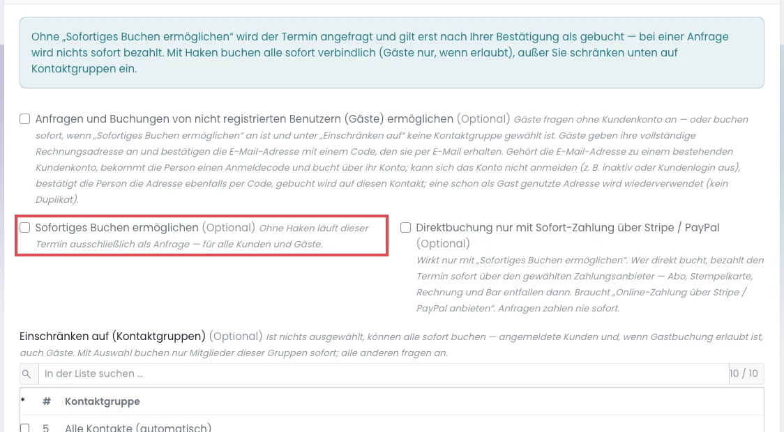 Abschnitt Buchung und Direktbuchung mit dem Haken Sofortiges Buchen ermöglichen
