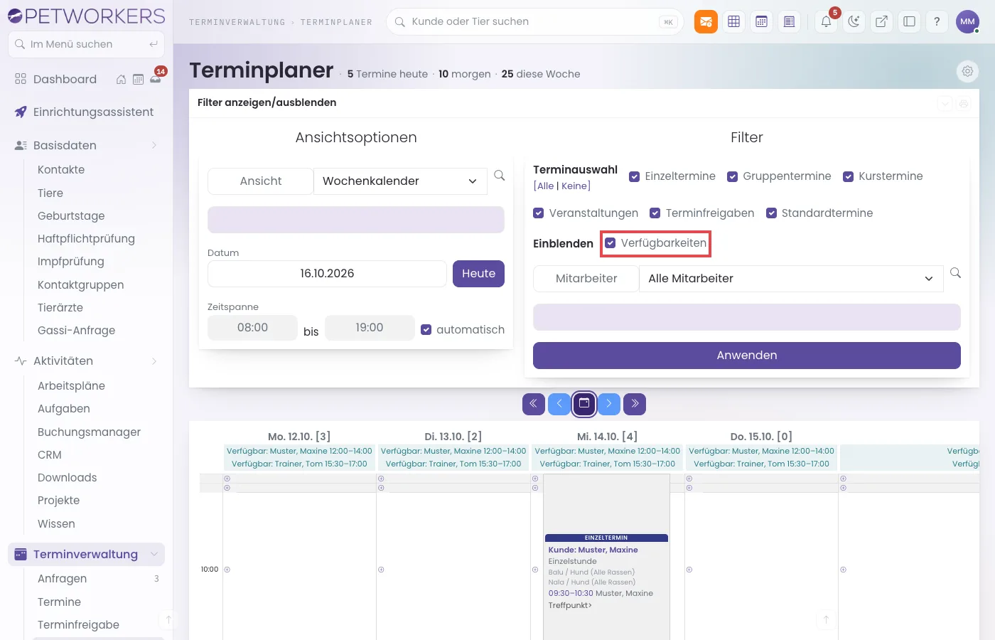 Aufgeklappter Filter des Terminplaners mit Ansicht, Datum, Zeitspanne, Terminauswahl und dem Haken Verfügbarkeiten