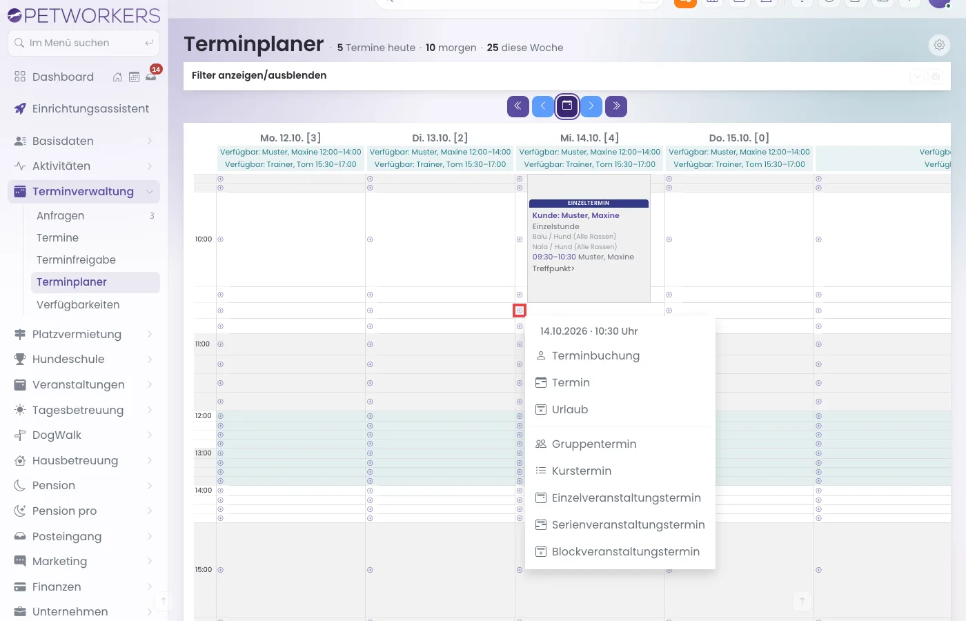 Aufgeklapptes Plus-Menü im Terminplaner mit Terminbuchung, Termin, Urlaub und den Veranstaltungsterminen