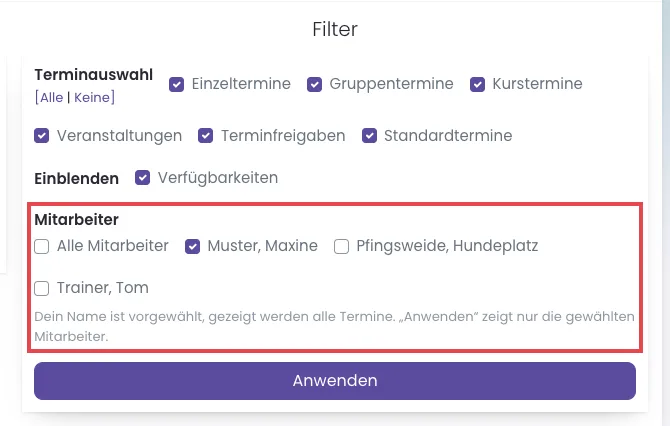 Filter des Terminplaners mit vorgewähltem eigenen Namen und dem Hinweis