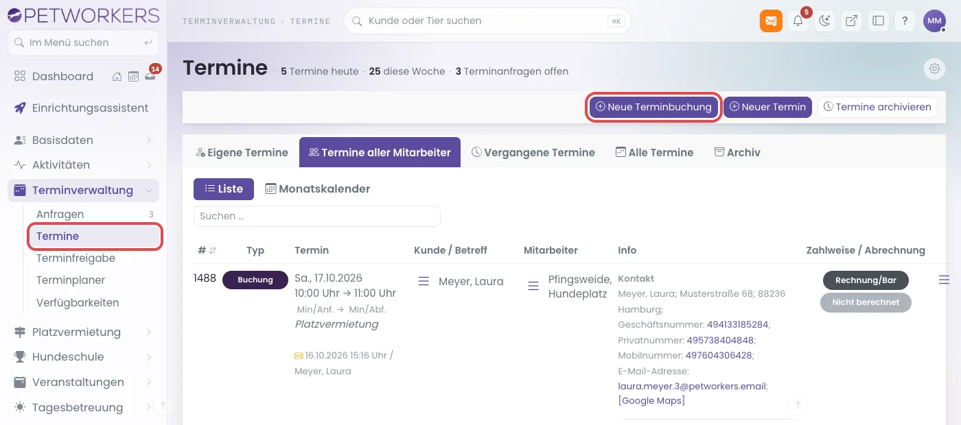 Seite Termine mit dem Menü Terminverwaltung und dem Knopf Neue Terminbuchung