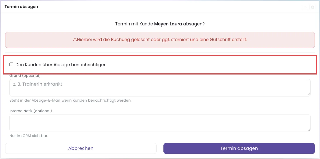 Seite Termin absagen mit Haken für die Absage-Mail, Grund und interner Notiz