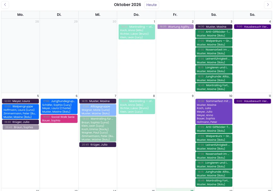 Monatskalender im Reiter Alle Termine mit Teilnehmernamen unter den Gruppenterminen