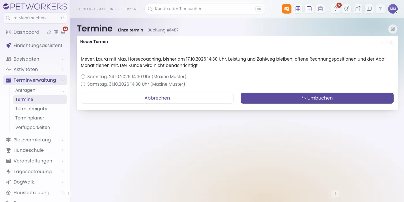 Seite Umbuchen mit zwei freien Terminfreigaben zur Auswahl