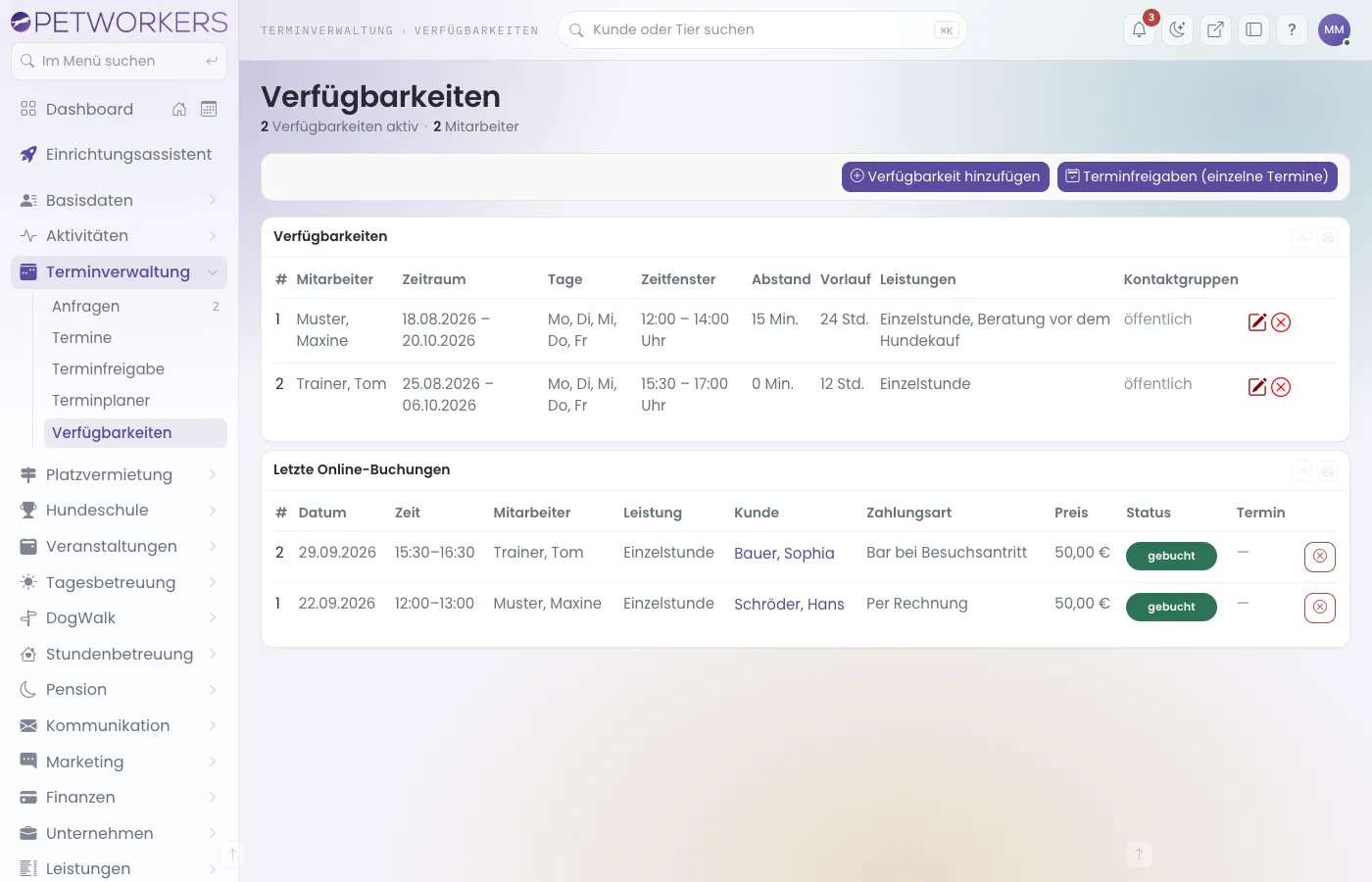 Verfügbarkeiten und letzte Online-Buchungen