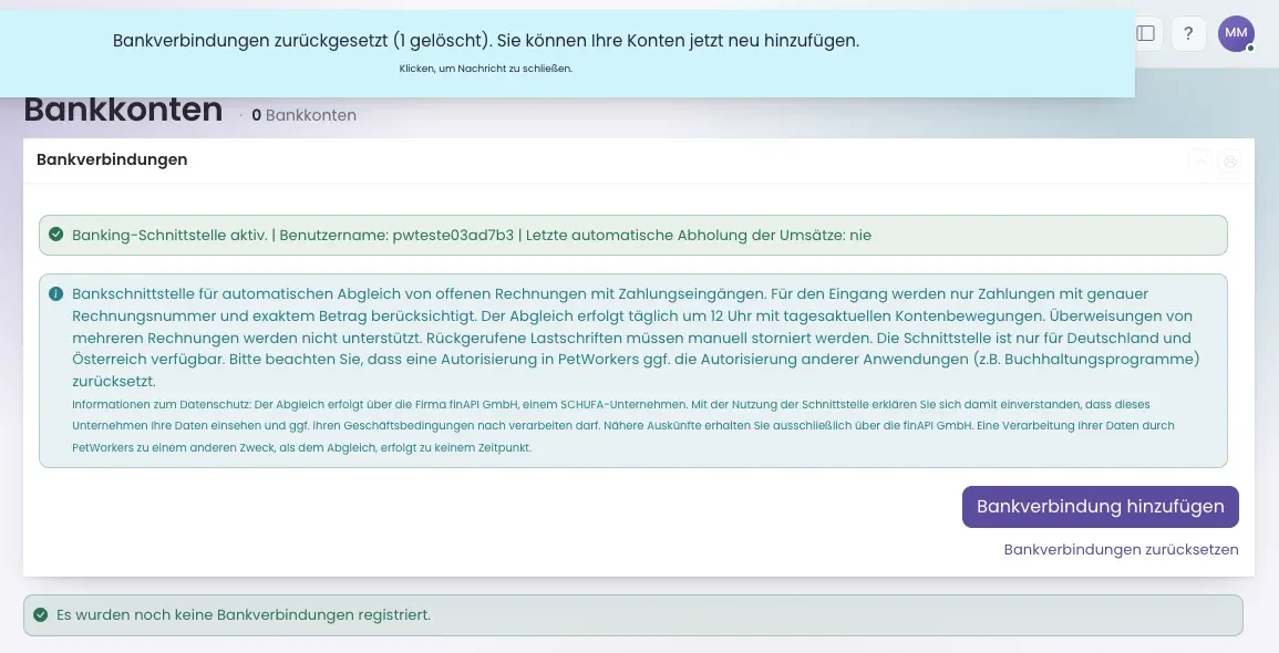 Erfolgsmeldung Bankverbindungen zurückgesetzt und Hinweis Es wurden noch keine Bankverbindungen registriert