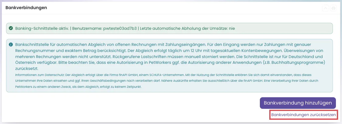 Kasten Bankverbindungen mit rot markiertem Link Bankverbindungen zurücksetzen