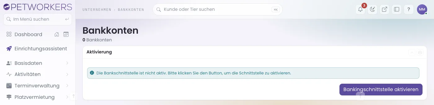 Der Kasten Aktivierung mit dem Knopf Bankingschnittstelle aktivieren