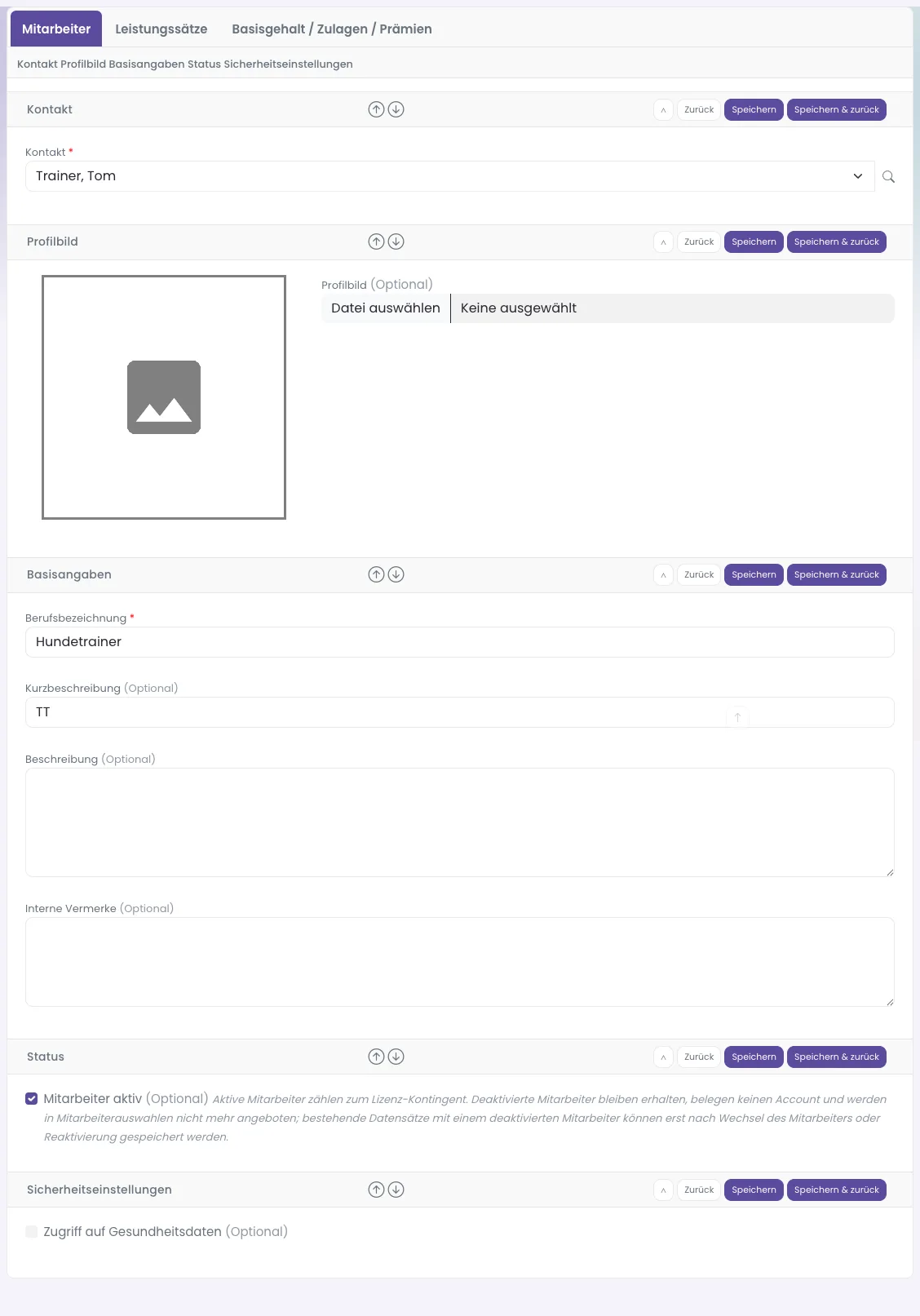 Das Mitarbeiter-Formular mit Kontakt, Profilbild, Basisangaben, Status und Sicherheitseinstellungen