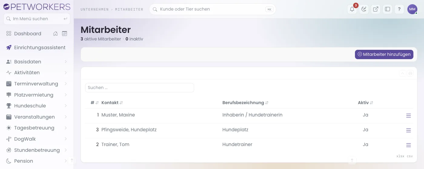 Die Mitarbeiterliste mit drei Einträgen