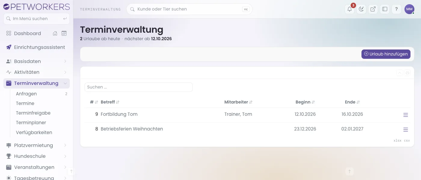 Die Liste der Urlaube mit Betriebsferien und einer Fortbildung