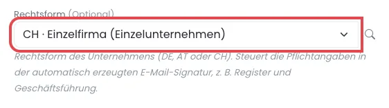 Feld Rechtsform mit der Auswahl CH · Einzelfirma (Einzelunternehmen), rot markiert, darunter der Hilfetext