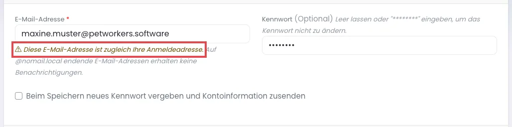 Kasten Zugangsdaten der Firmendaten mit E-Mail-Adresse, rot markiertem Hinweis Diese E-Mail-Adresse ist zugleich Ihre Anmeldeadresse, Kennwort und Haken für neues Kennwort