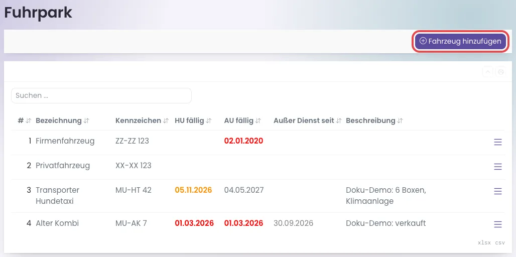 Seite Fuhrpark mit rot markiertem Knopf Fahrzeug hinzufügen und vier Fahrzeugen, fällige Termine orange und rot