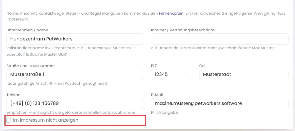 Kasten Anbieter im Impressum mit Hinweis auf die Firmendaten, vorausgefüllten Feldern und rot markiertem Haken im Impressum nicht anzeigen unter Telefon