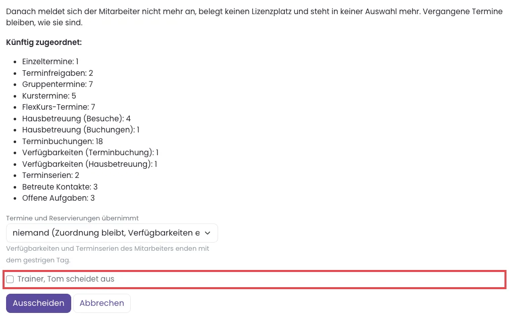 Seite Mitarbeiter ausgeschieden mit Liste der künftigen Zuordnungen, Auswahl des Nachfolgers und rot markiertem Bestätigungshaken