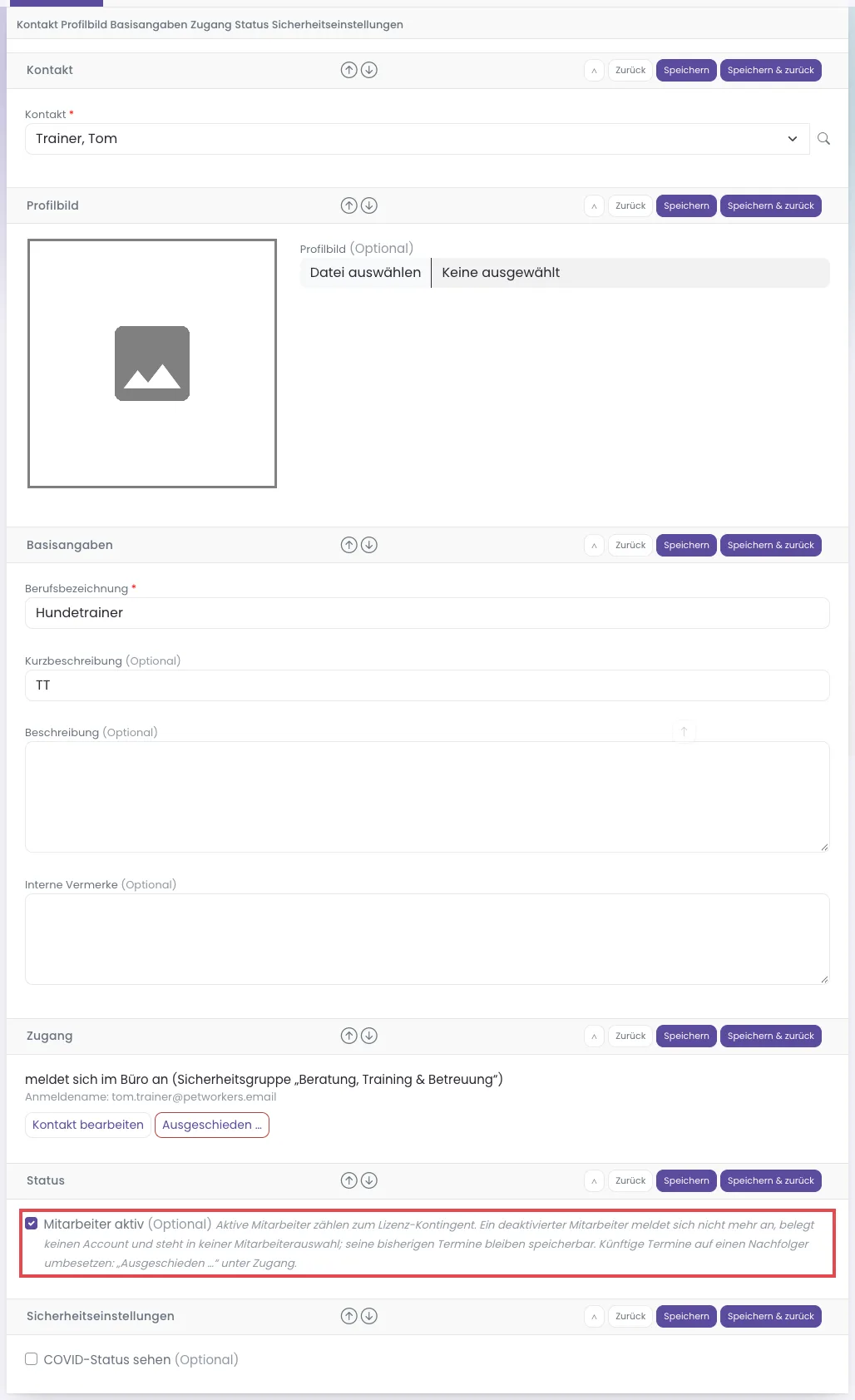 Das Mitarbeiter-Formular mit Kontakt, Profilbild, Basisangaben, Zugang, Status und Sicherheitseinstellungen; rot markiert der Haken Mitarbeiter aktiv