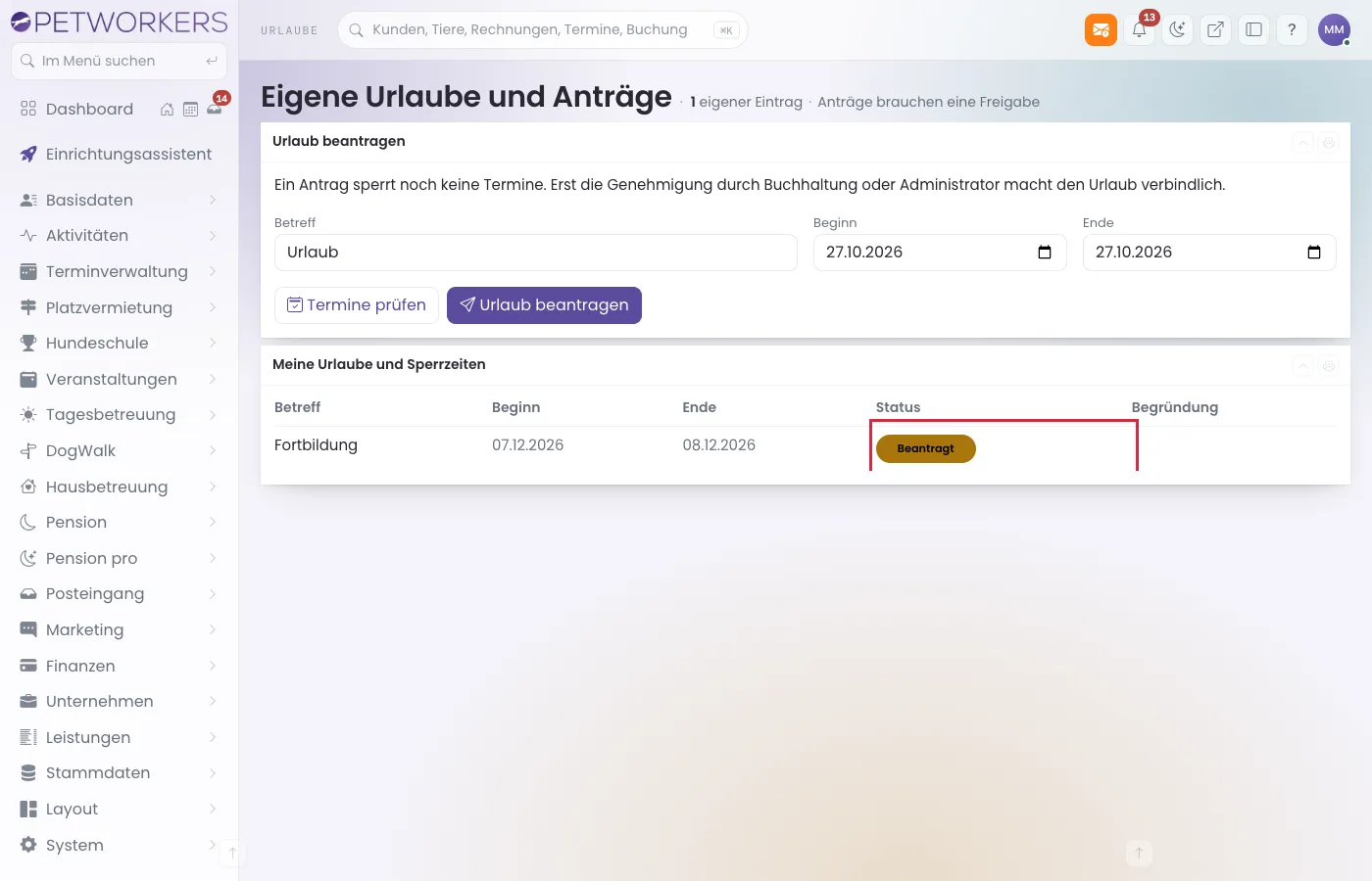 Deine eigene Urlaubsliste mit Status und Begründung.
