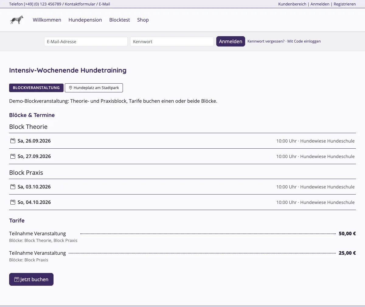 Detailseite einer Blockveranstaltung auf der Website