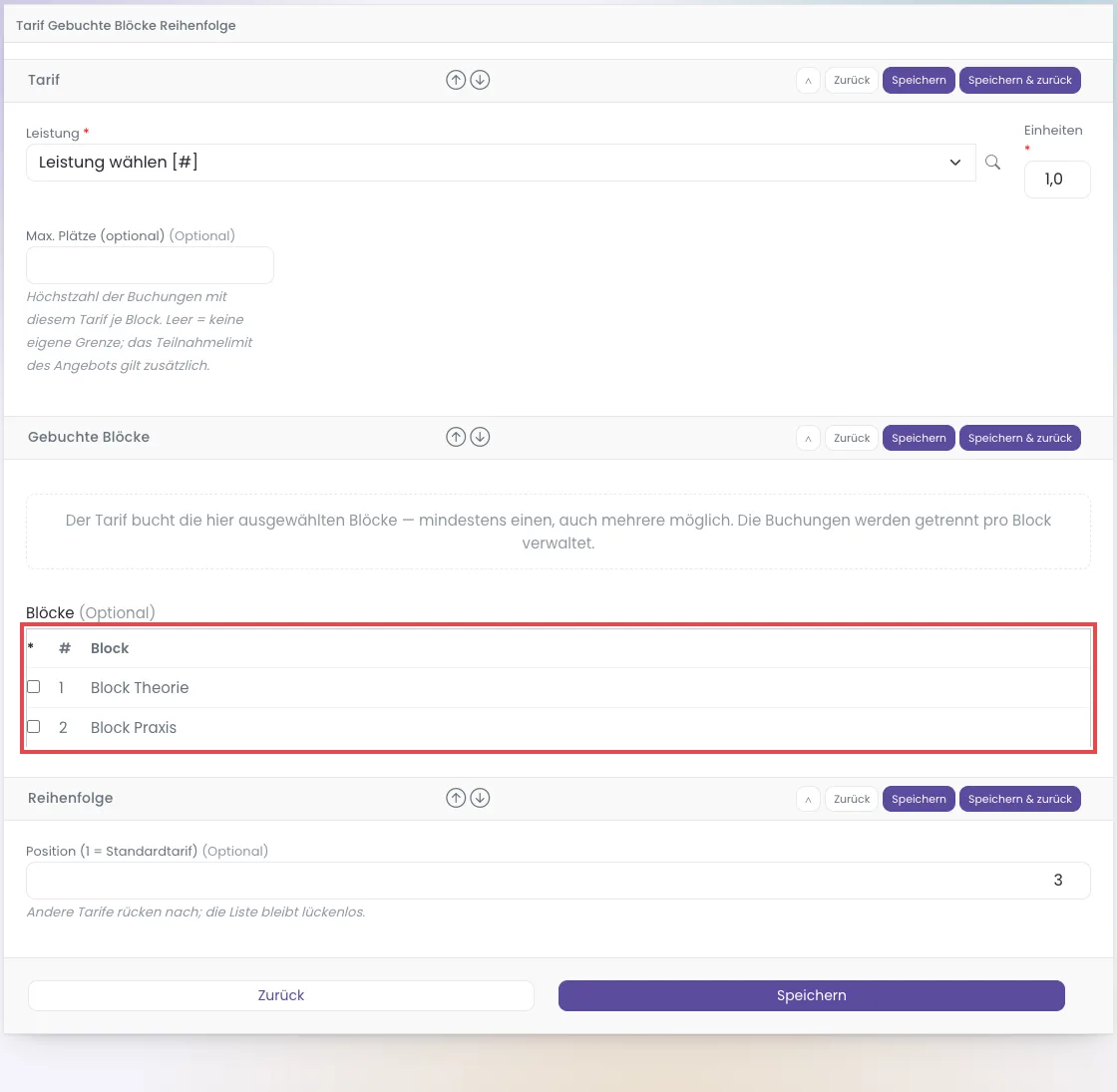 Formular Tarif einer Blockveranstaltung mit Max. Plätze und Blockauswahl