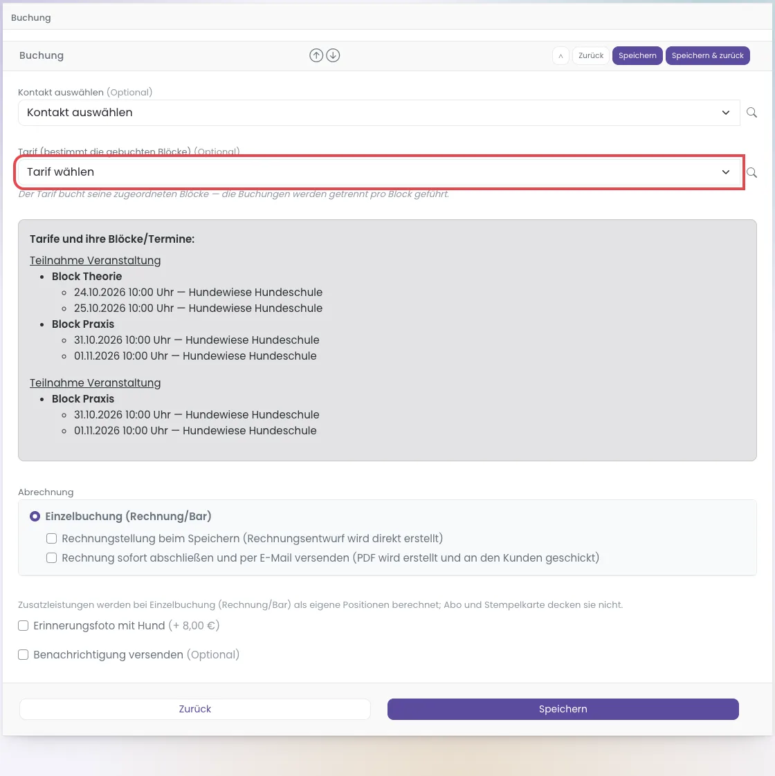 Formular Teilnehmerbuchung hinzufügen einer Blockveranstaltung