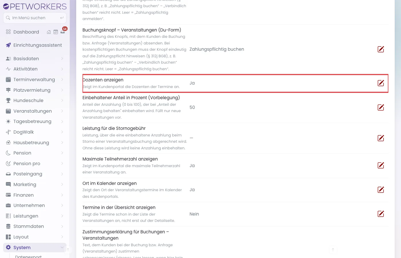 Einstellungen, Gruppe Veranstaltungen mit der Einstellung Dozenten anzeigen