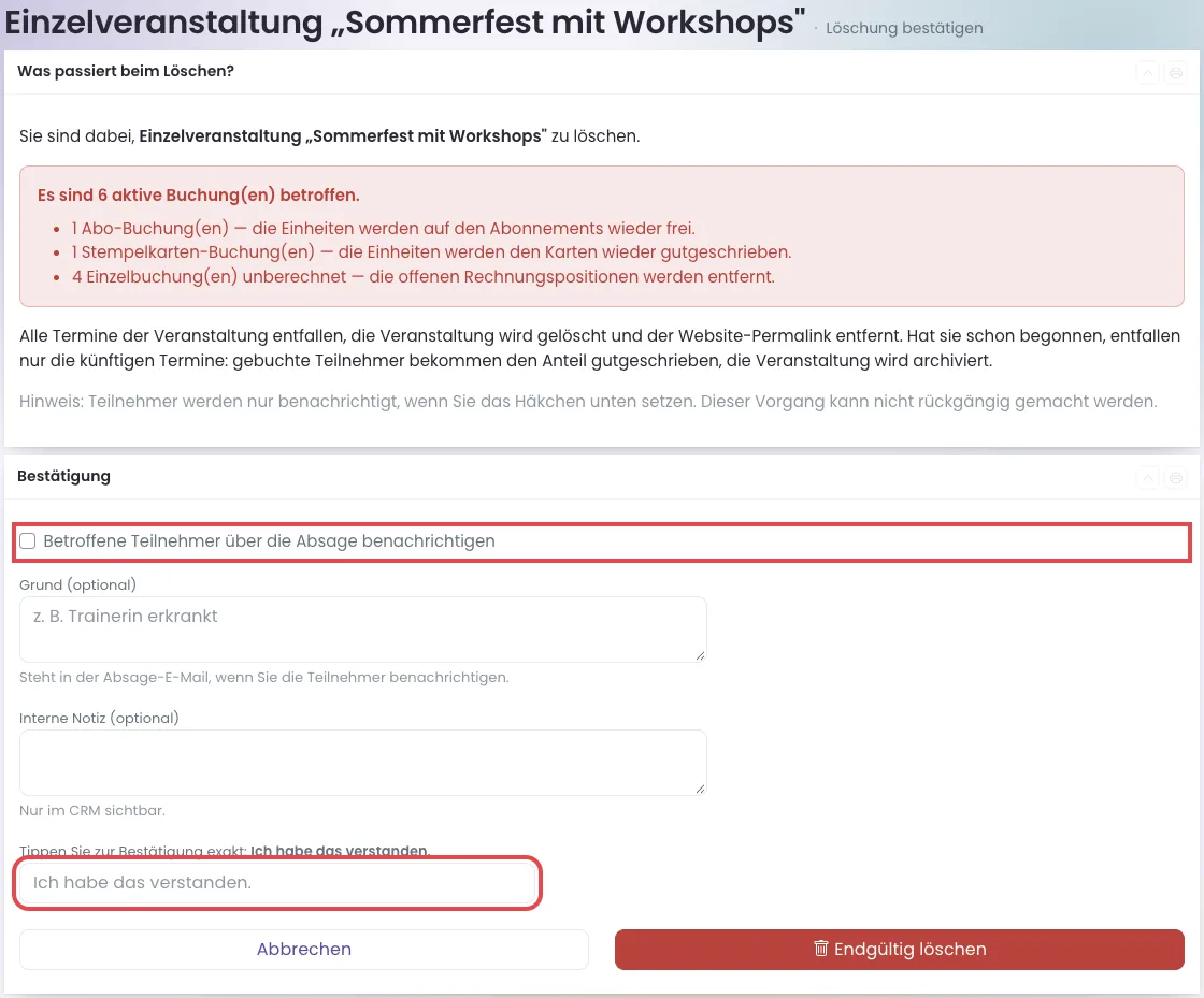 Seite Löschung bestätigen einer Einzelveranstaltung mit betroffenen Buchungen, Benachrichtigungs-Haken und Bestätigungsfeld