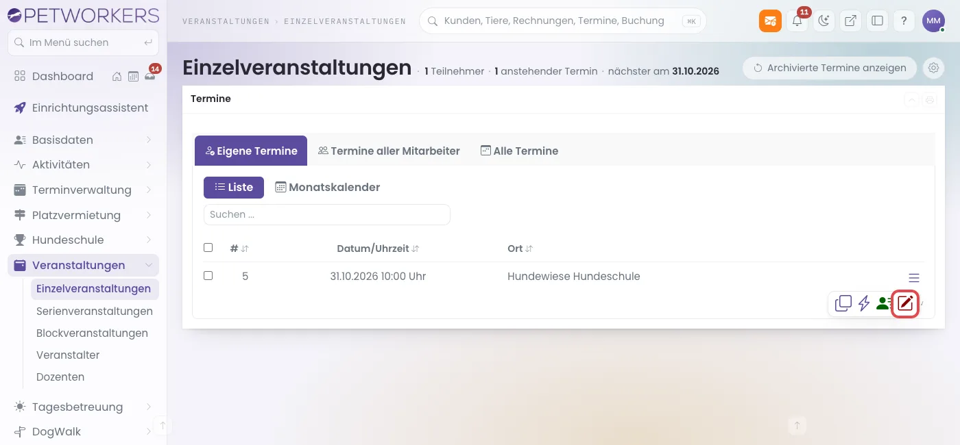 Terminliste einer Einzelveranstaltung mit dem Knopf Bearbeiten