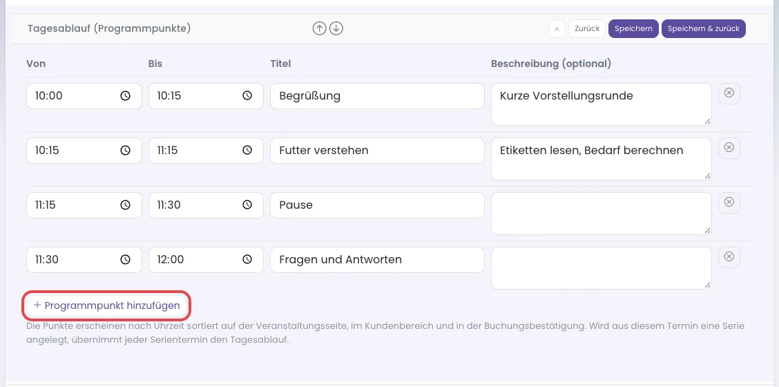 Abschnitt Tagesablauf mit vier Programmpunkten und dem Knopf Programmpunkt hinzufügen