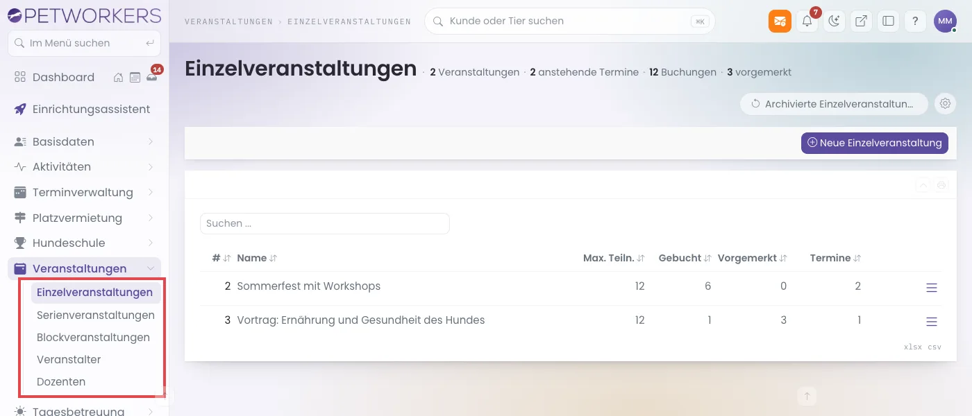 Menü Veranstaltungen mit Einzelveranstaltungen, Serienveranstaltungen, Blockveranstaltungen, Veranstalter und Dozenten